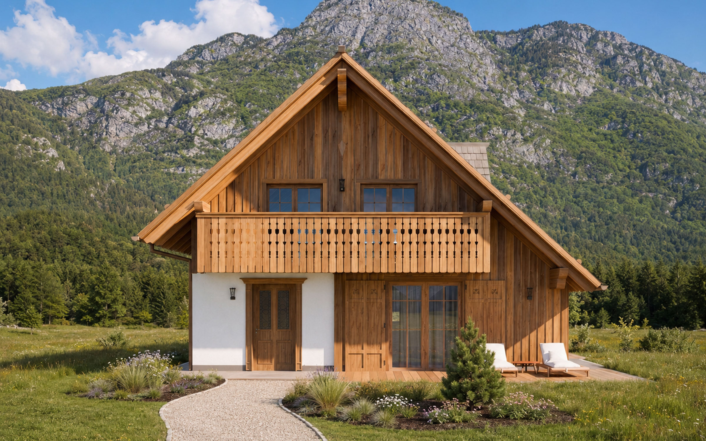 Arhitekturni render novega luksuznega alpskega SPA chaleta v Bohinju, s prikazom načrtovane lesene fasade in mirnega zasebnega vzdušja ob Bohinjskem jezeru.