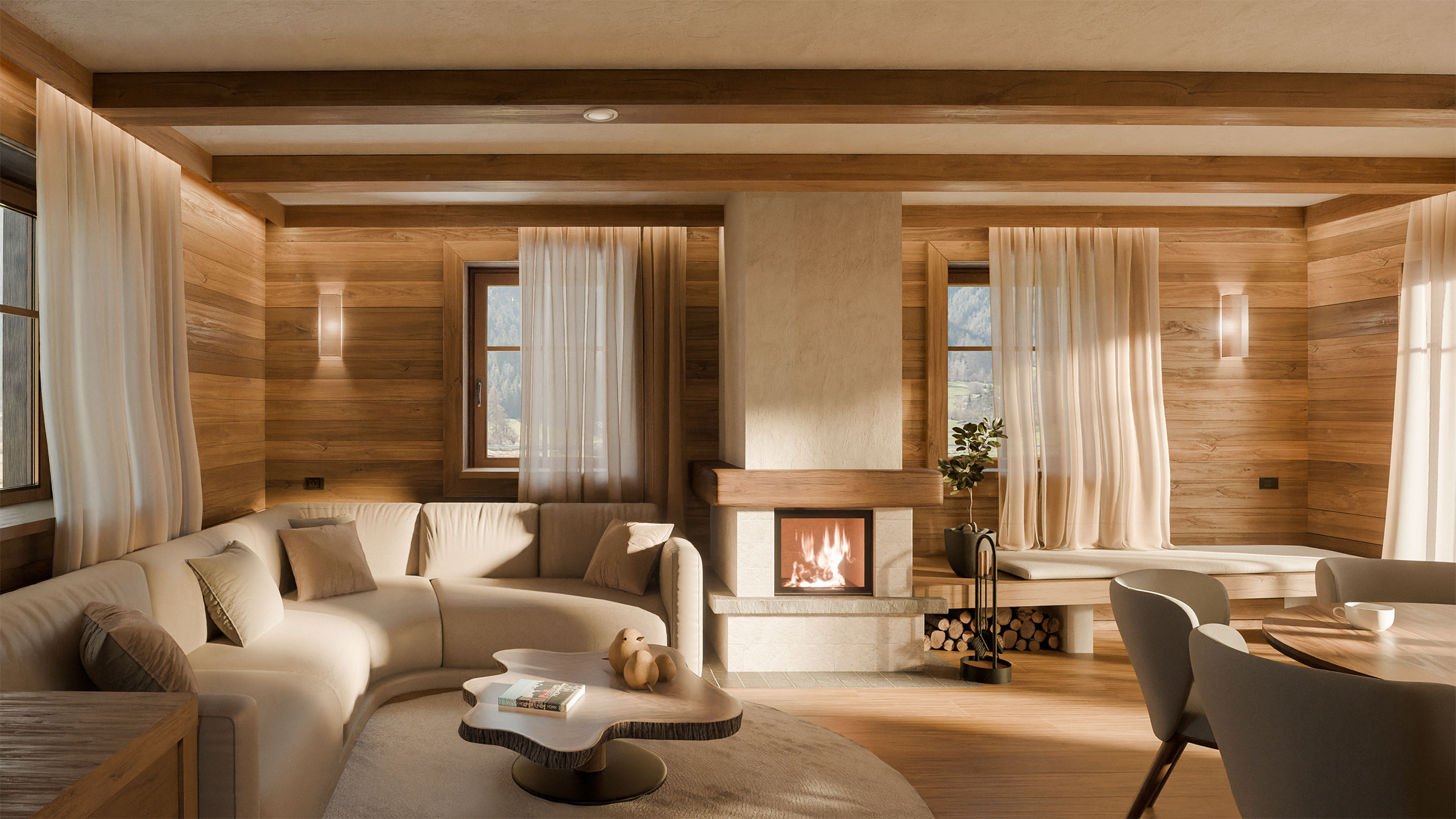 Arhitekturni render notranjosti novega luksuznega alpskega chaleta v Bohinju, s toplim lesenim dnevnim prostorom, kaminom in zasebnim wellness vzdušjem.