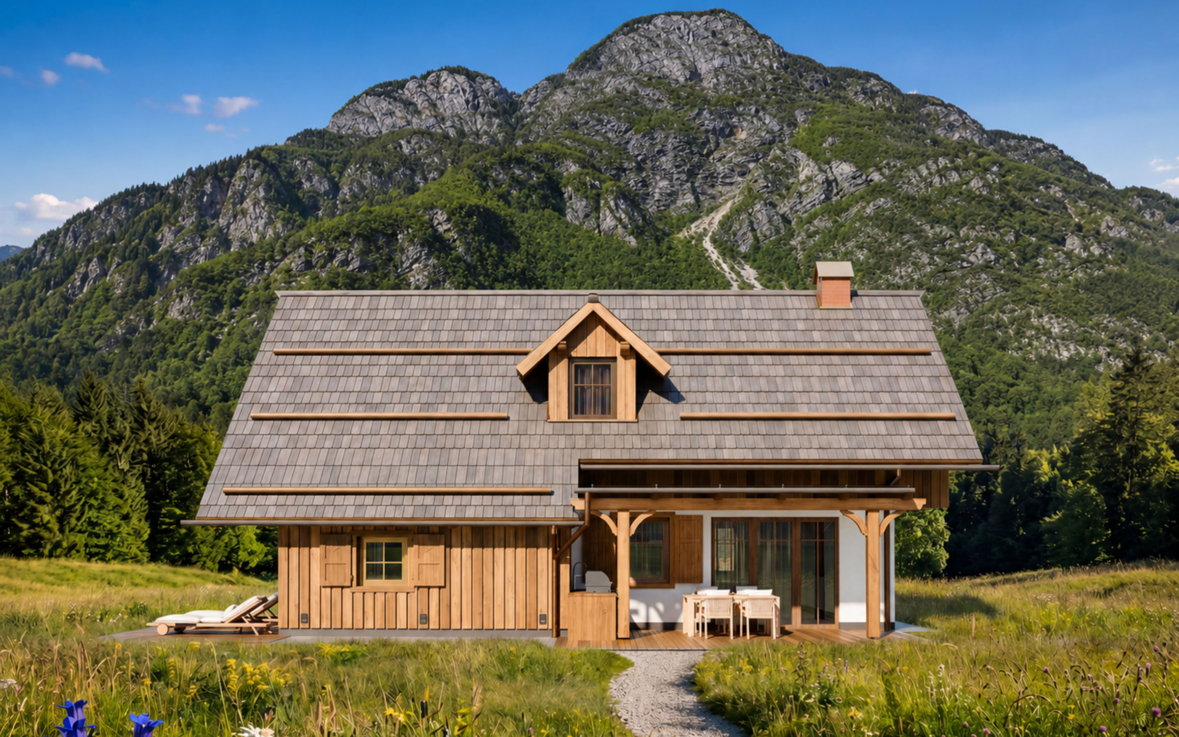 Arhitekturni render novega luksuznega Alpine SPA Chaleta ob Bohinjskem jezeru, s prikazom načrtovane zunanjosti, zasebnega wellness vzdušja in mirne alpske okolice.
