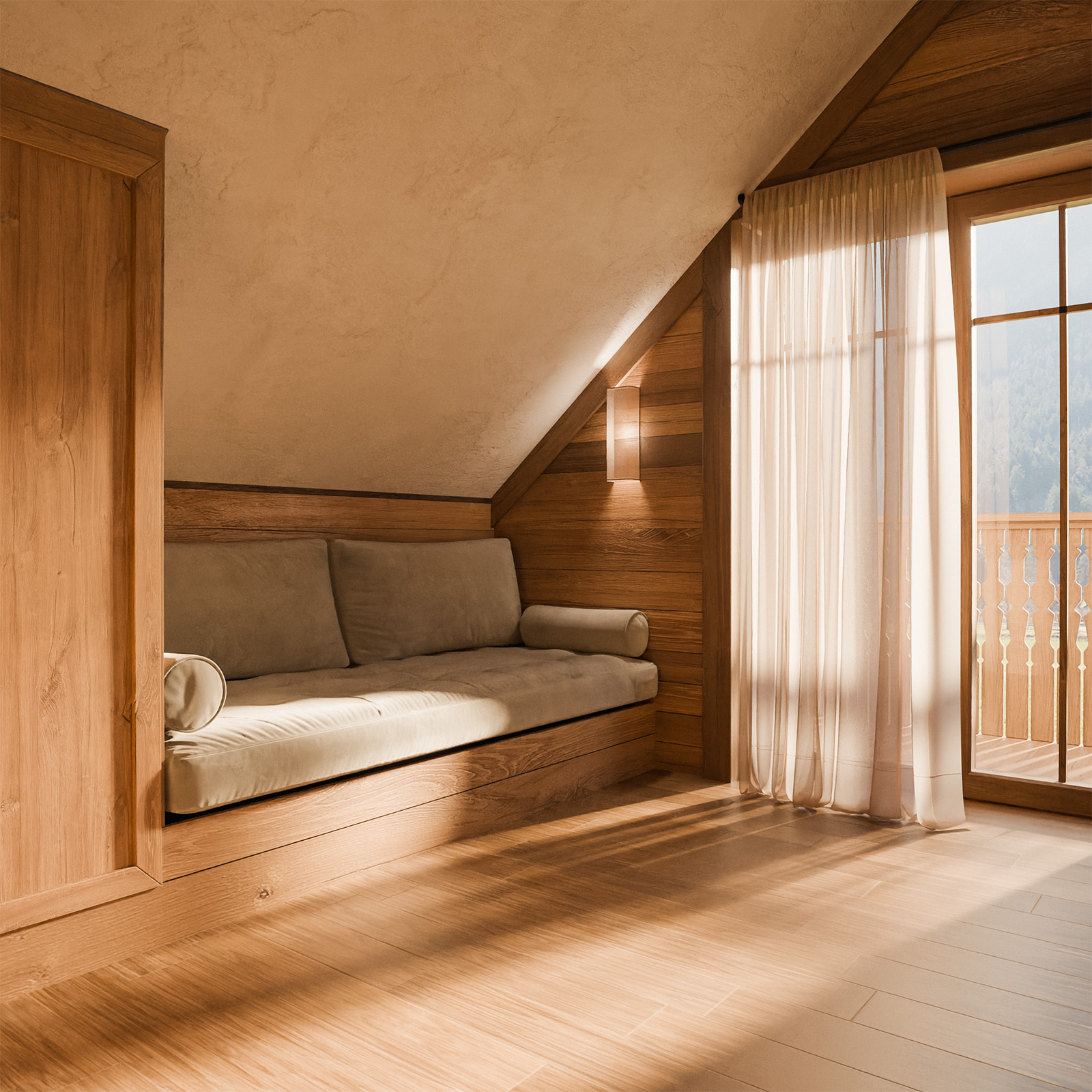 Arhitekturna vizualizacija spalnega kotička ob oknu v novem Alpskem SPA Chaletu ob Bohinjskem jezeru.